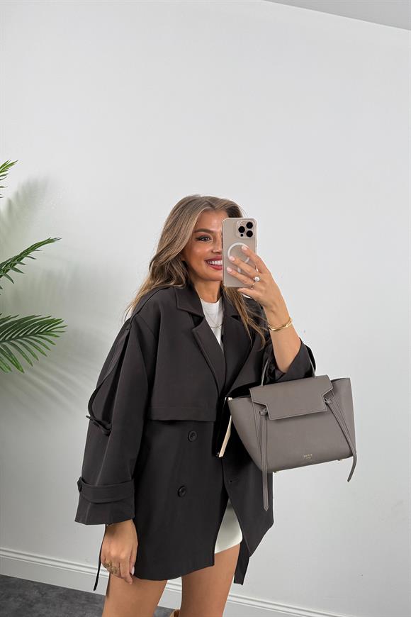 Premium Seri Lüx Poliviskon Trençkot Orta Boy Koyu Kahve