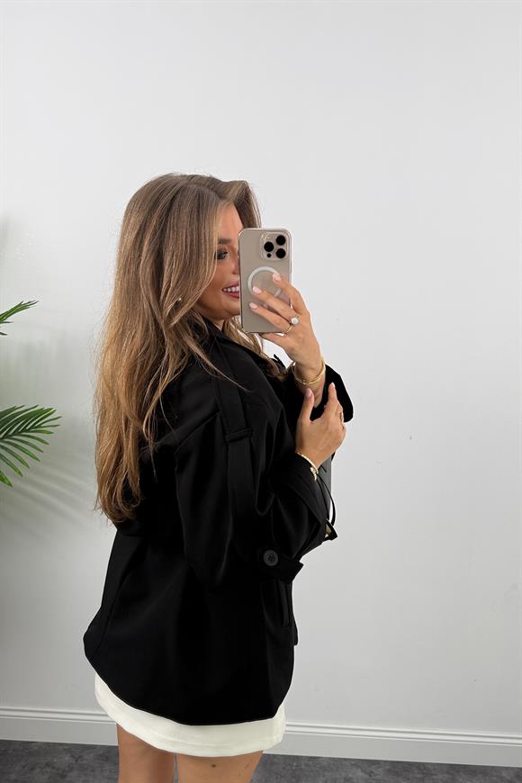 Premium Seri Lüx Poliviskon Trençkot Orta Boy Siyah