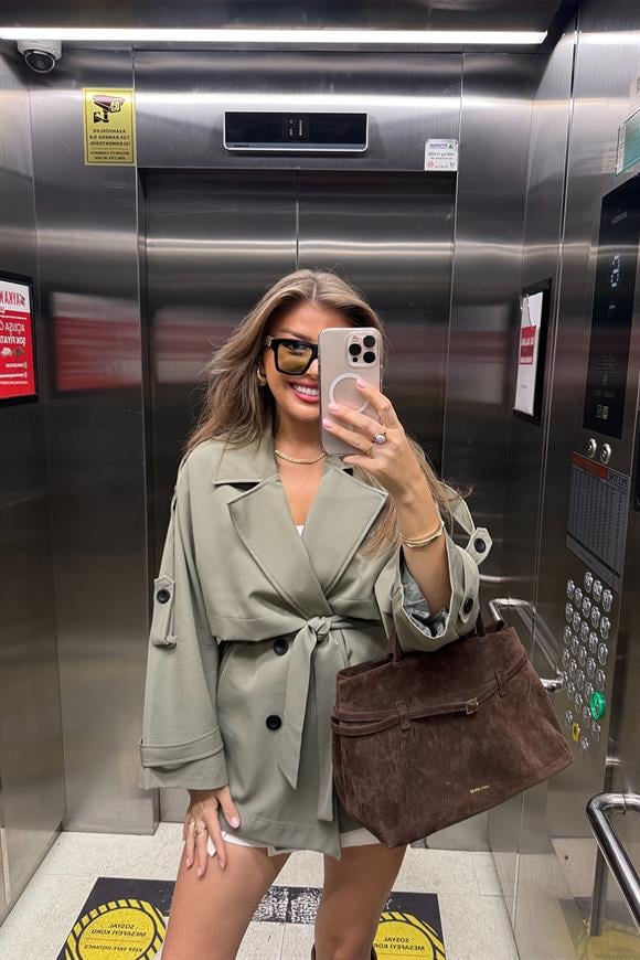 Premium Seri Lüx Poliviskon Trençkot Orta Boy Haki