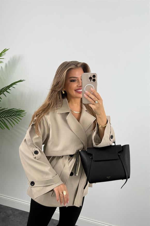 Premium Seri Lüx Poliviskon Trençkot Orta Boy Taş