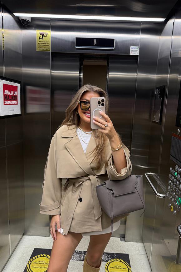 Premium Seri Lüx Poliviskon Trençkot Orta Boy Camel