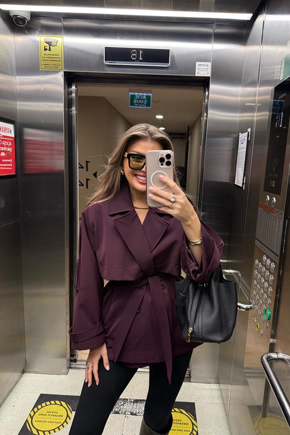 Premium Seri Lüx Poliviskon Trençkot Orta Boy Mürdüm