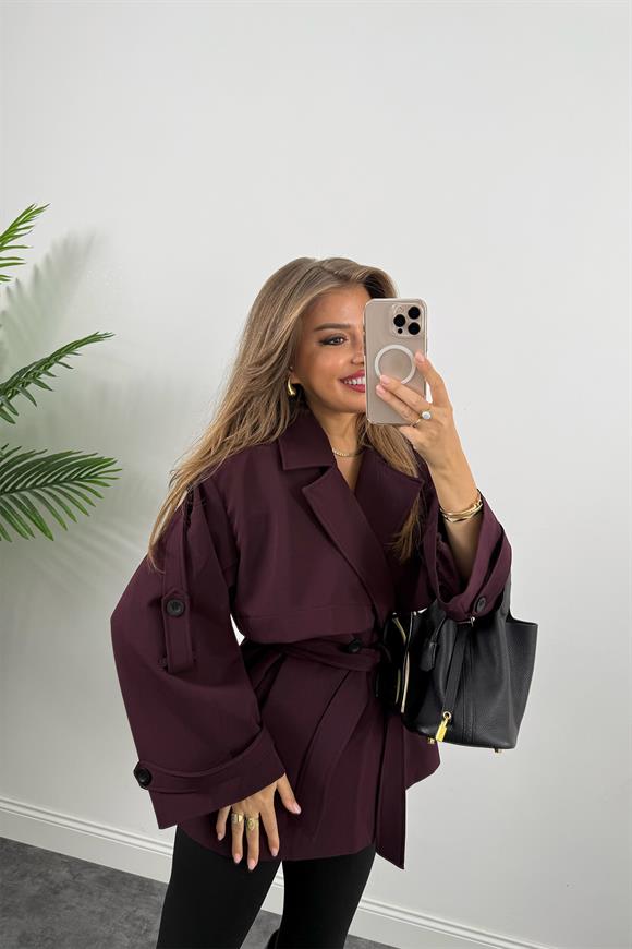 Premium Seri Lüx Poliviskon Trençkot Orta Boy Mürdüm