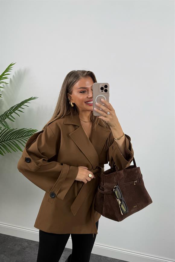 Premium Seri Lüx Poliviskon Trençkot Orta Boy Kahverengi