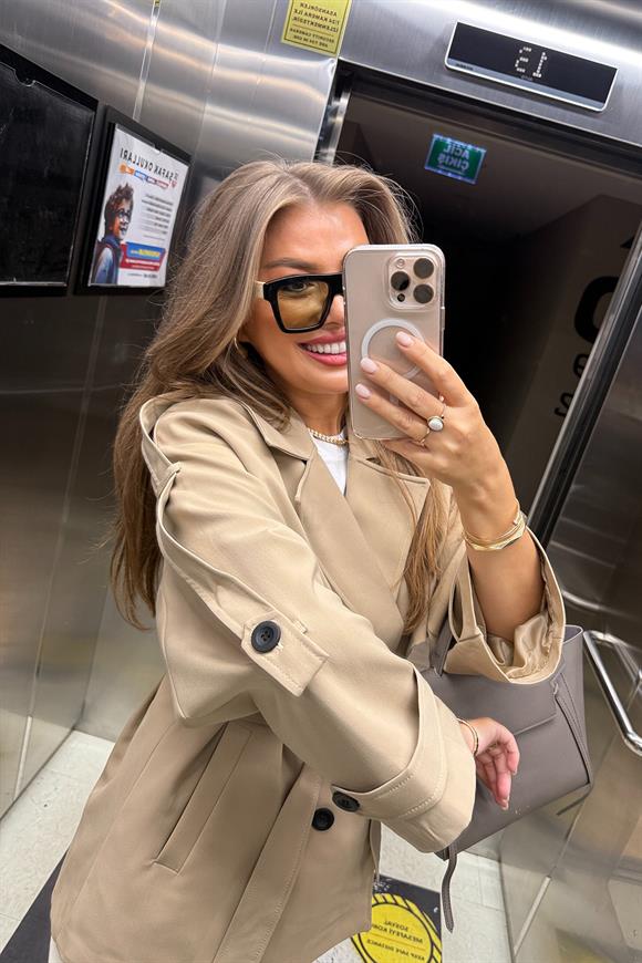Premium Seri Lüx Poliviskon Trençkot Orta Boy Camel