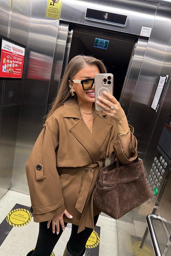 Premium Seri Lüx Poliviskon Trençkot Orta Boy Kahverengi