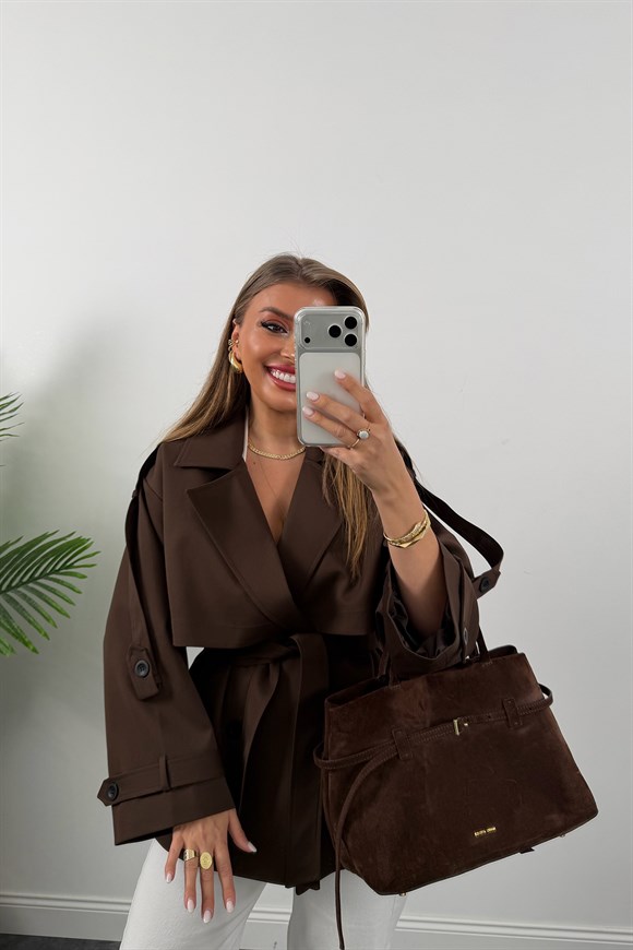 Premium Seri Lüx Poliviskon Trençkot Orta Boy Acı Kahve