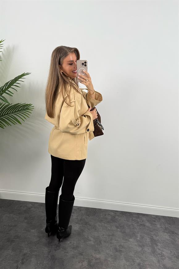 Premium Seri Lüx Poliviskon Trençkot Orta Boy Bej