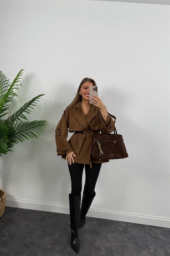 Premium Seri Lüx Poliviskon Trençkot Orta Boy Kahverengi