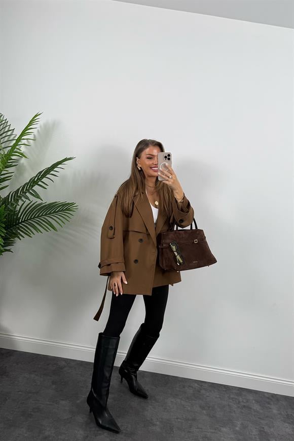 Premium Seri Lüx Poliviskon Trençkot Orta Boy Kahverengi