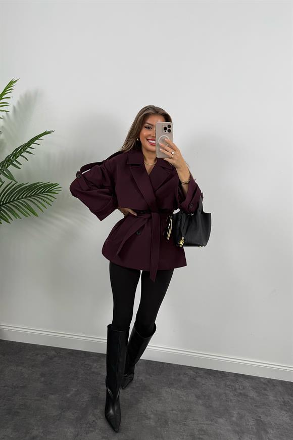 Premium Seri Lüx Poliviskon Trençkot Orta Boy Mürdüm