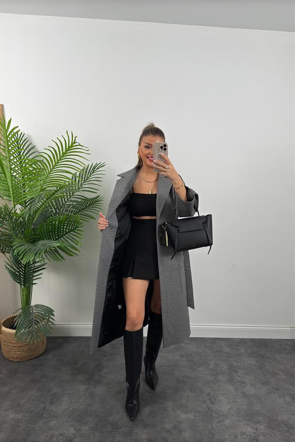 Premium Seri Massi Model Balık Sırtı Kol Detaylı Kaşe Kaban Gri