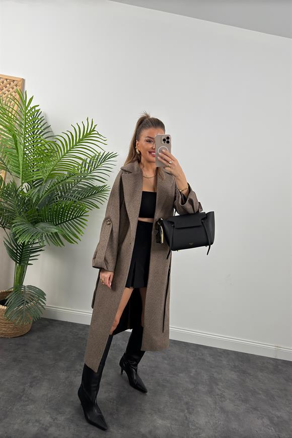 Premium Seri Massi Model Balık Sırtı Kol Detaylı Kaşe Kaban Kahve