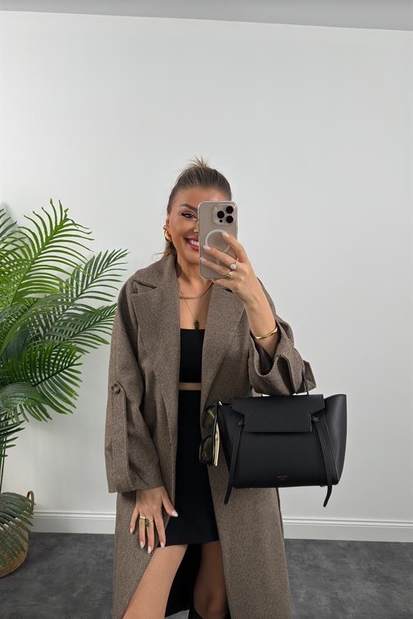 Premium Seri Massi Model Balık Sırtı Kol Detaylı Kaşe Kaban Kahve