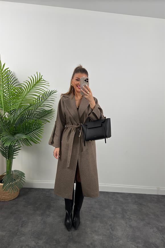 Premium Seri Massi Model Balık Sırtı Kol Detaylı Kaşe Kaban Kahve