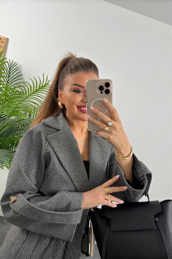 Premium Seri Massi Model Balık Sırtı Kol Detaylı Kaşe Kaban Gri