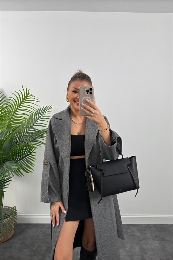 Premium Seri Massi Model Balık Sırtı Kol Detaylı Kaşe Kaban Gri