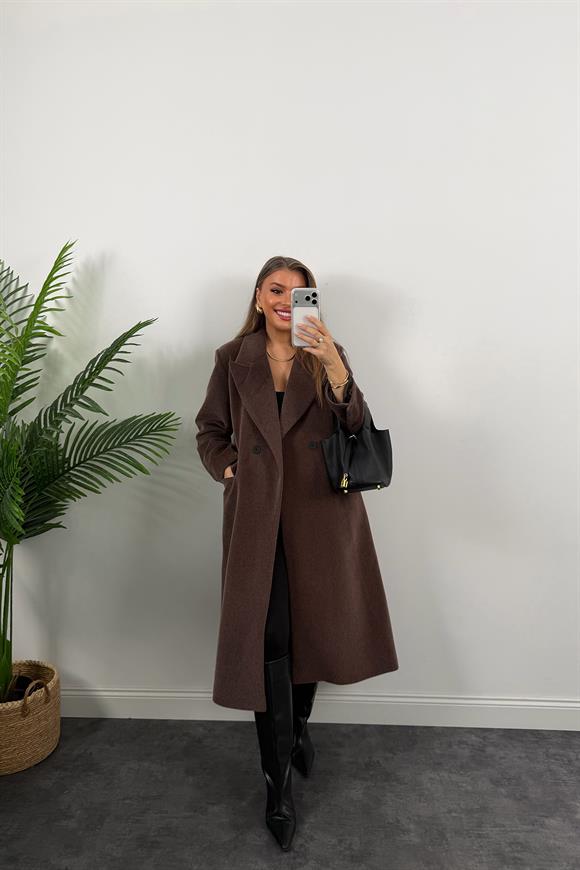 Premium Seri Maxi Boy Tay Tüyü Kaşe Kaban Kahverengi