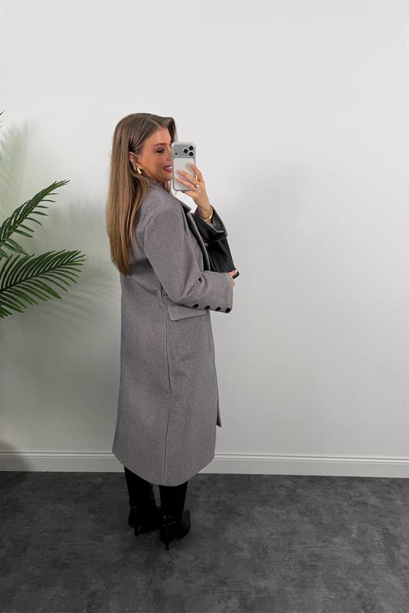 Premium Seri Maxi Boy Tay Tüyü Kaşe Kaban Gri