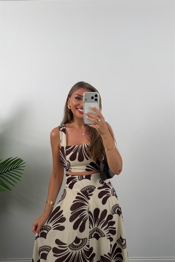 Premium Seri Maxi Etek Bluz Takım Kahve Krem Desenli 