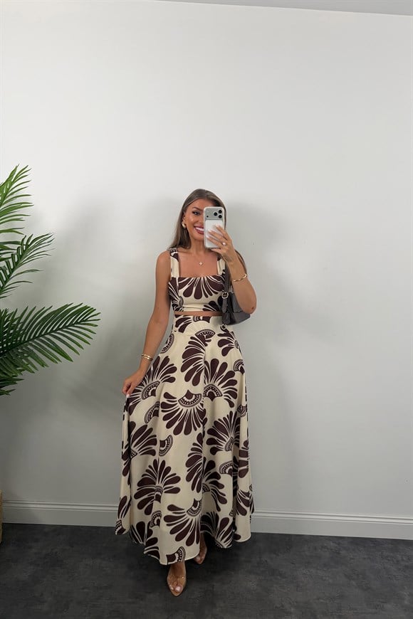 Premium Seri Maxi Etek Bluz Takım Kahve Krem Desenli 