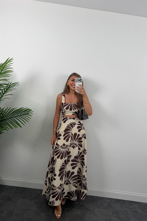 Premium Seri Maxi Etek Bluz Takım Kahve Krem Desenli 