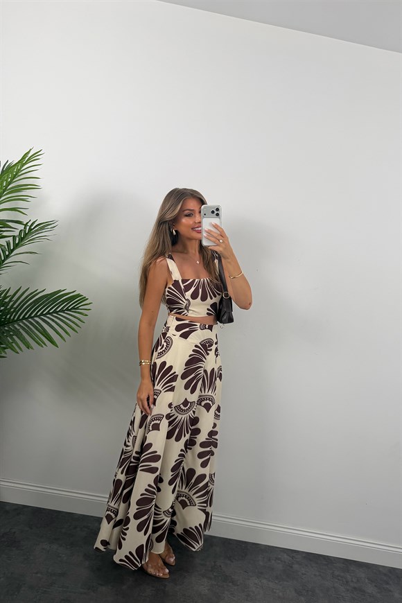 Premium Seri Maxi Etek Bluz Takım Kahve Krem Desenli 