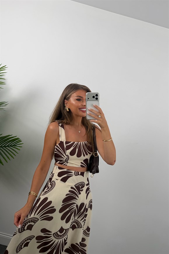 Premium Seri Maxi Etek Bluz Takım Kahve Krem Desenli 