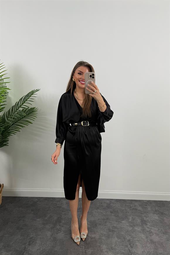 Premium Seri Midi Boy Kemerli Saten Anvelop Elbise Siyah