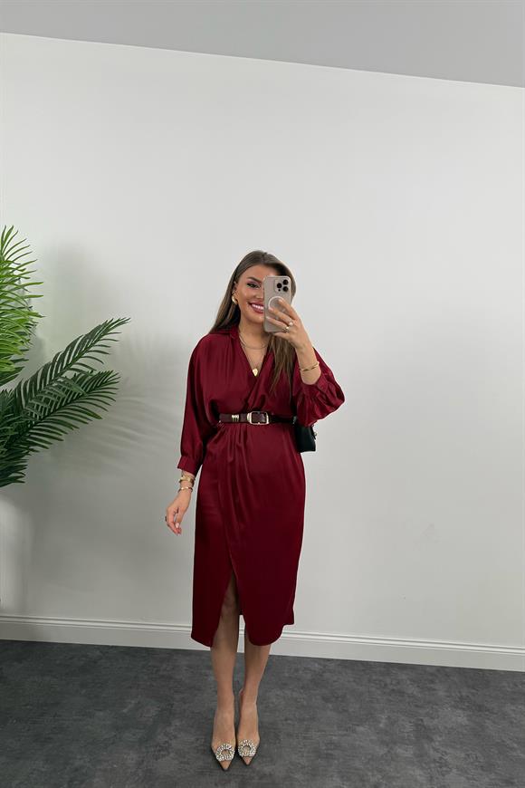 Premium Seri Midi Boy Kemerli Saten Anvelop Elbise Bordo