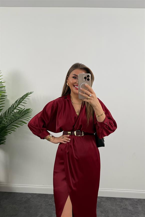 Premium Seri Midi Boy Kemerli Saten Anvelop Elbise Bordo