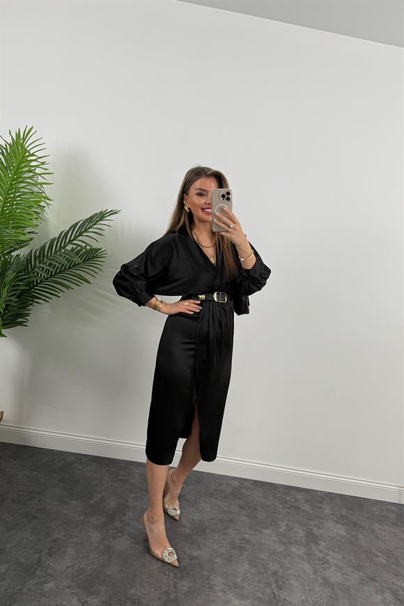 Premium Seri Midi Boy Kemerli Saten Anvelop Elbise Siyah