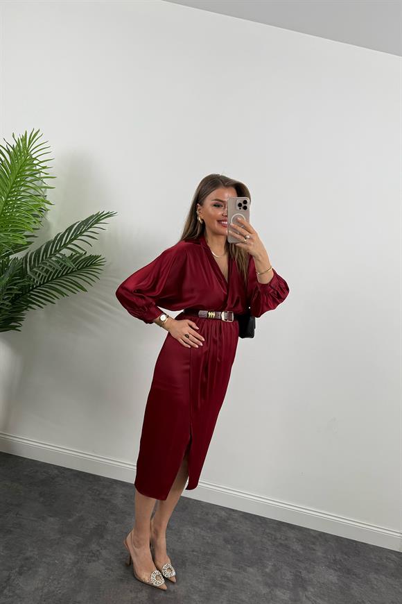 Premium Seri Midi Boy Kemerli Saten Anvelop Elbise Bordo