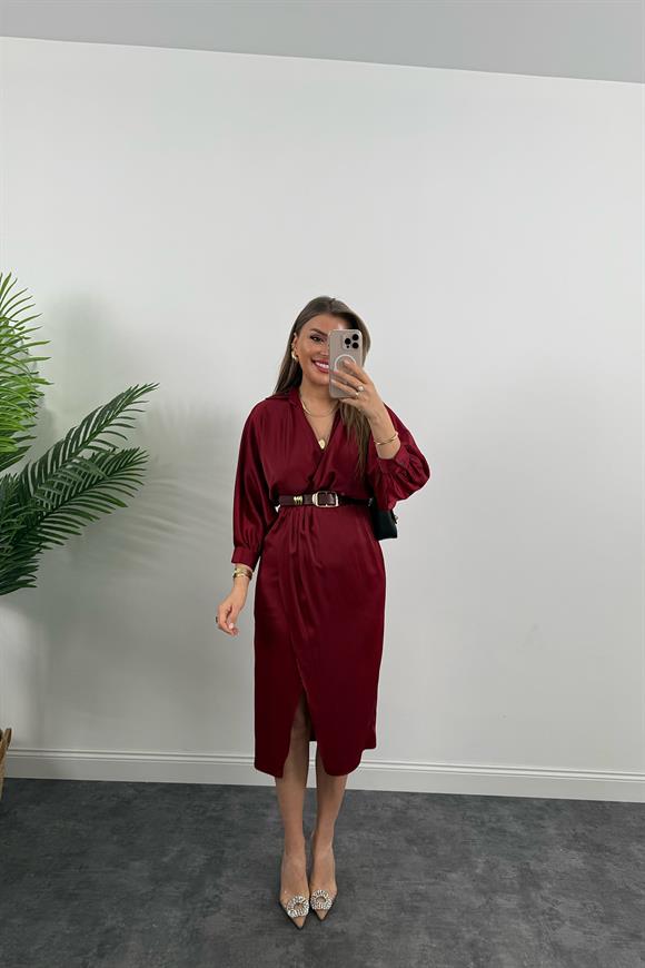 Premium Seri Midi Boy Kemerli Saten Anvelop Elbise Bordo
