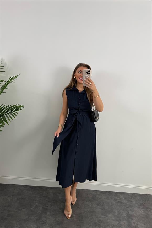 Premium Seri Mng Model Kuşaklı Midi Gömlek Elbise Lacivert