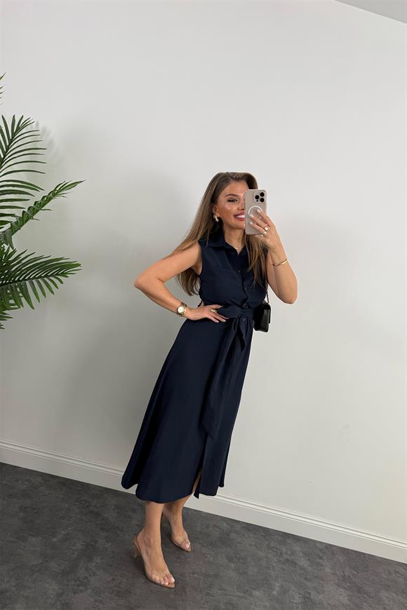 Premium Seri Mng Model Kuşaklı Midi Gömlek Elbise Lacivert