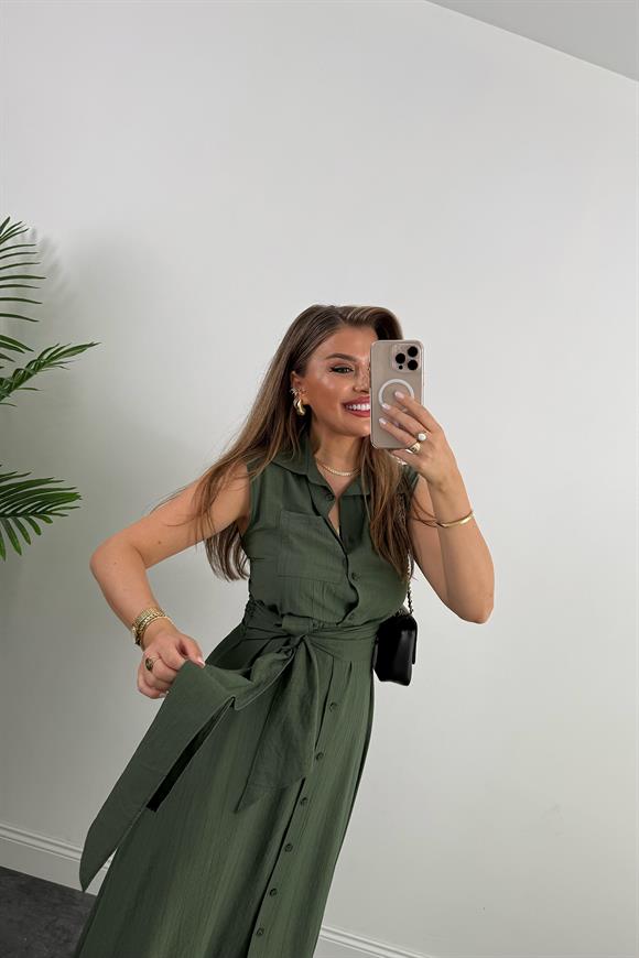 Premium Seri Mng Model Kuşaklı Midi Gömlek Elbise Haki