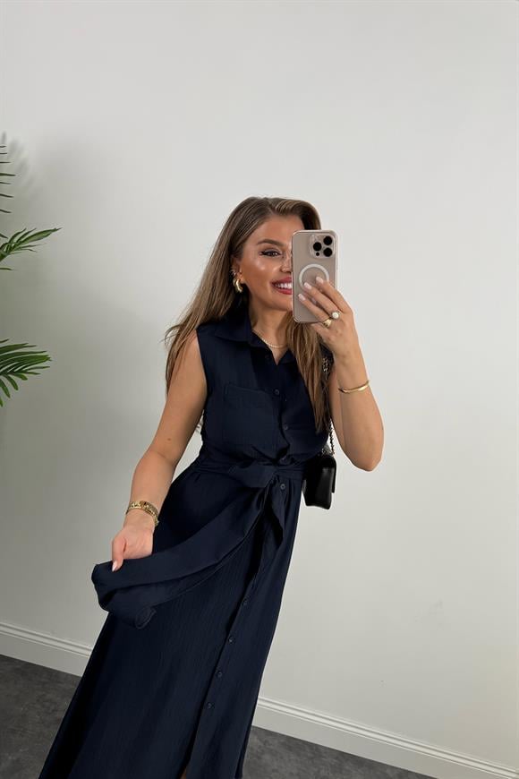 Premium Seri Mng Model Kuşaklı Midi Gömlek Elbise Lacivert