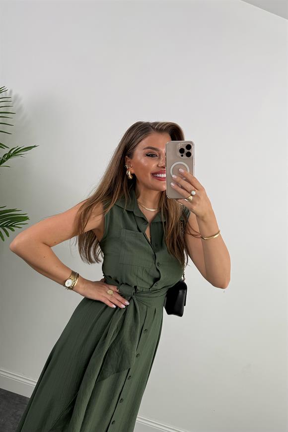 Premium Seri Mng Model Kuşaklı Midi Gömlek Elbise Haki