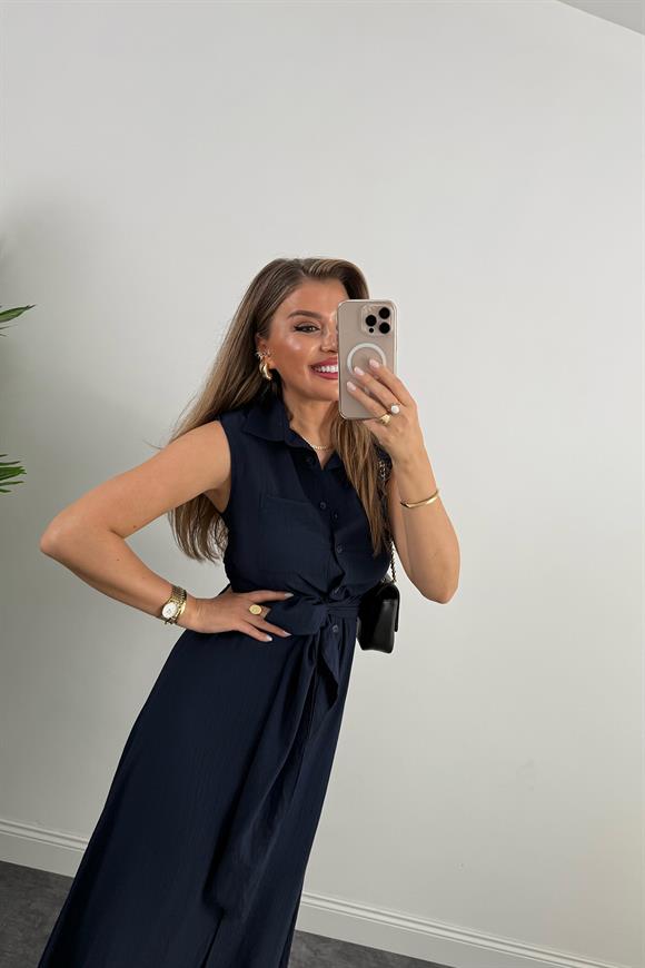 Premium Seri Mng Model Kuşaklı Midi Gömlek Elbise Lacivert