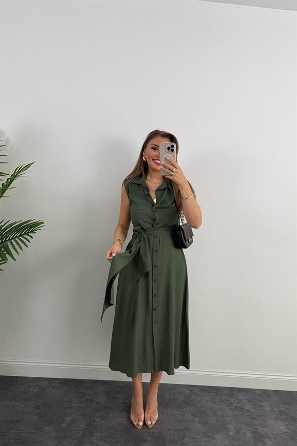 Premium Seri Mng Model Kuşaklı Midi Gömlek Elbise Haki