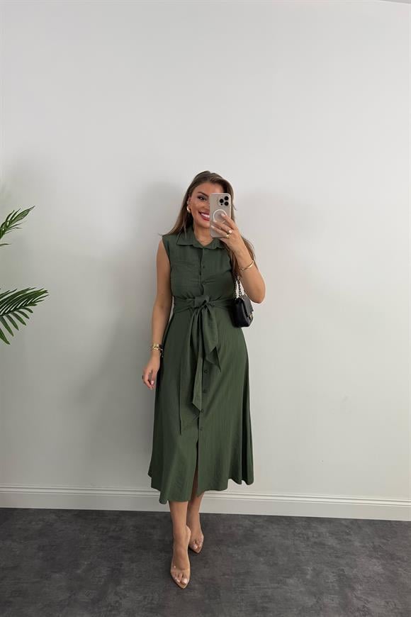 Premium Seri Mng Model Kuşaklı Midi Gömlek Elbise Haki