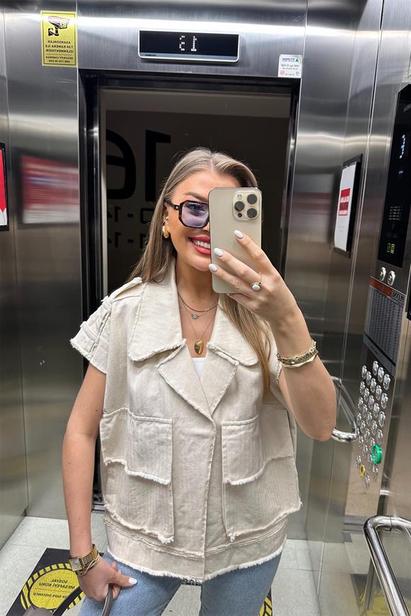 Premium Seri Naturel Gabardin Kumaş Tasarım Salaş Yelek