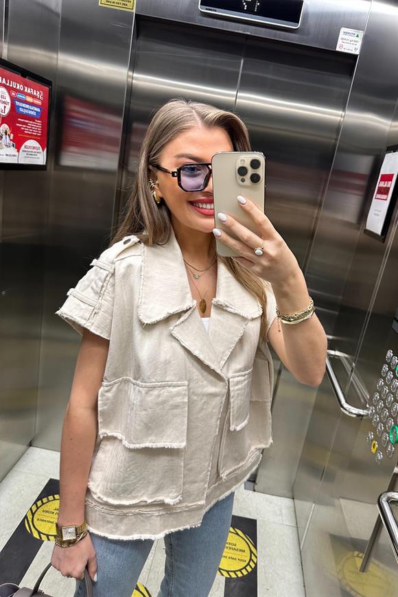 Premium Seri Naturel Gabardin Kumaş Tasarım Salaş Yelek