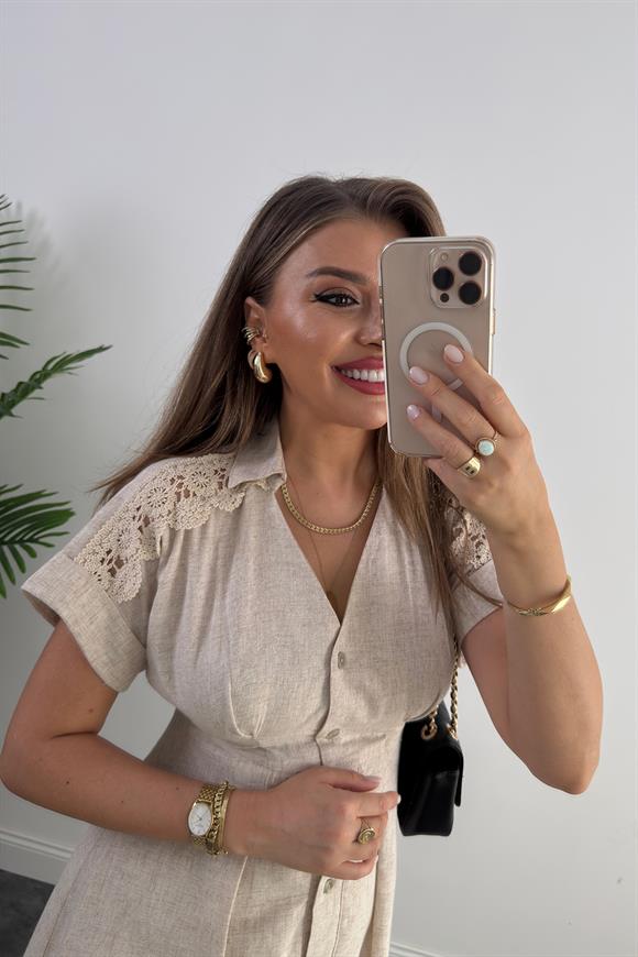 Premium Seri Omuzları Dantelli Ham Keten Midi Boy Elbise