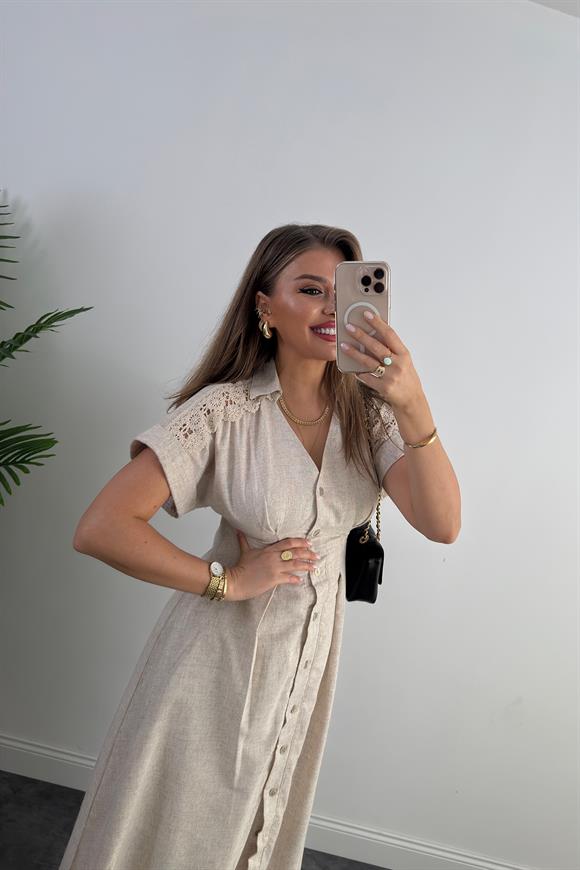 Premium Seri Omuzları Dantelli Ham Keten Midi Boy Elbise