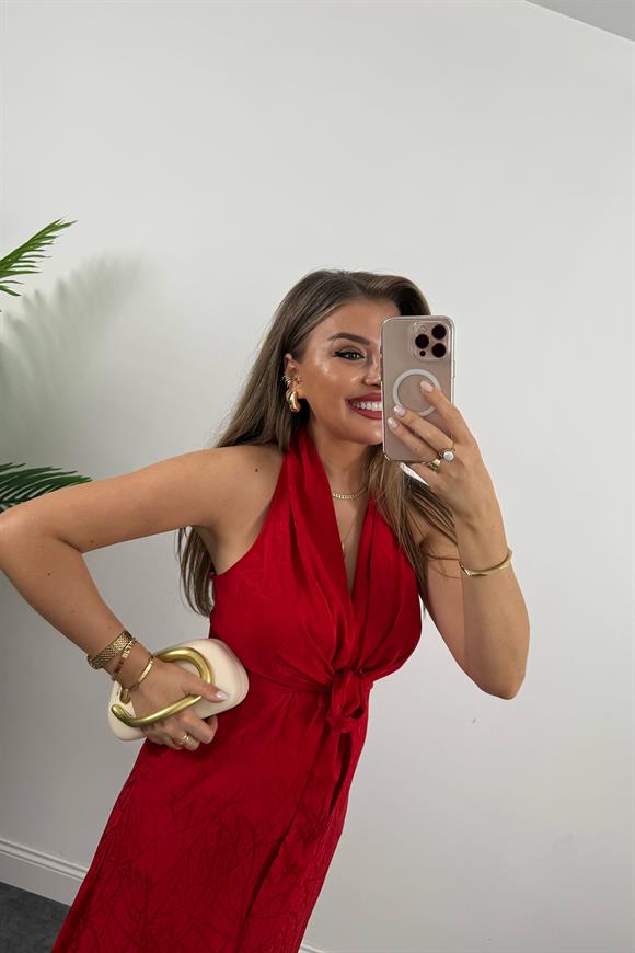 Premium Seri Önü Bağlamalı Maxi Tasarım Elbise Kırmızı