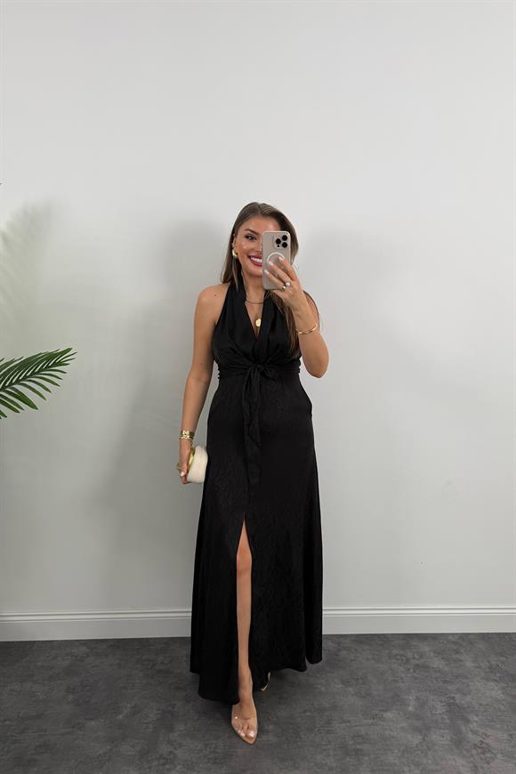 Premium Seri Önü Bağlamalı Maxi Tasarım Elbise Siyah