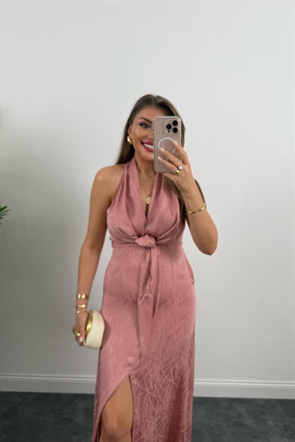 Premium Seri Önü Bağlamalı Maxi Tasarım Elbise Gül Kurusu