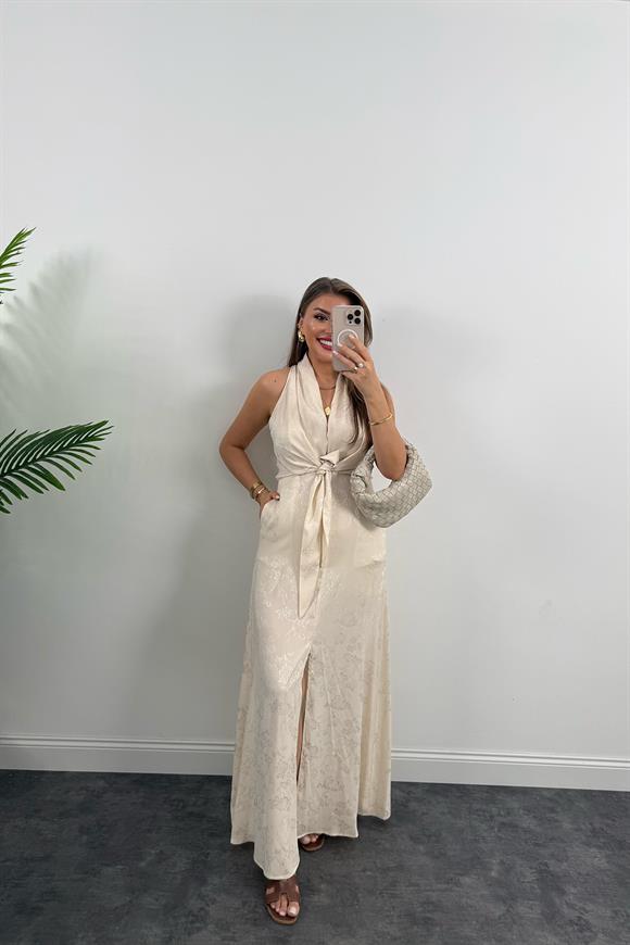 Premium Seri Önü Bağlamalı Maxi Tasarım Elbise Bej
